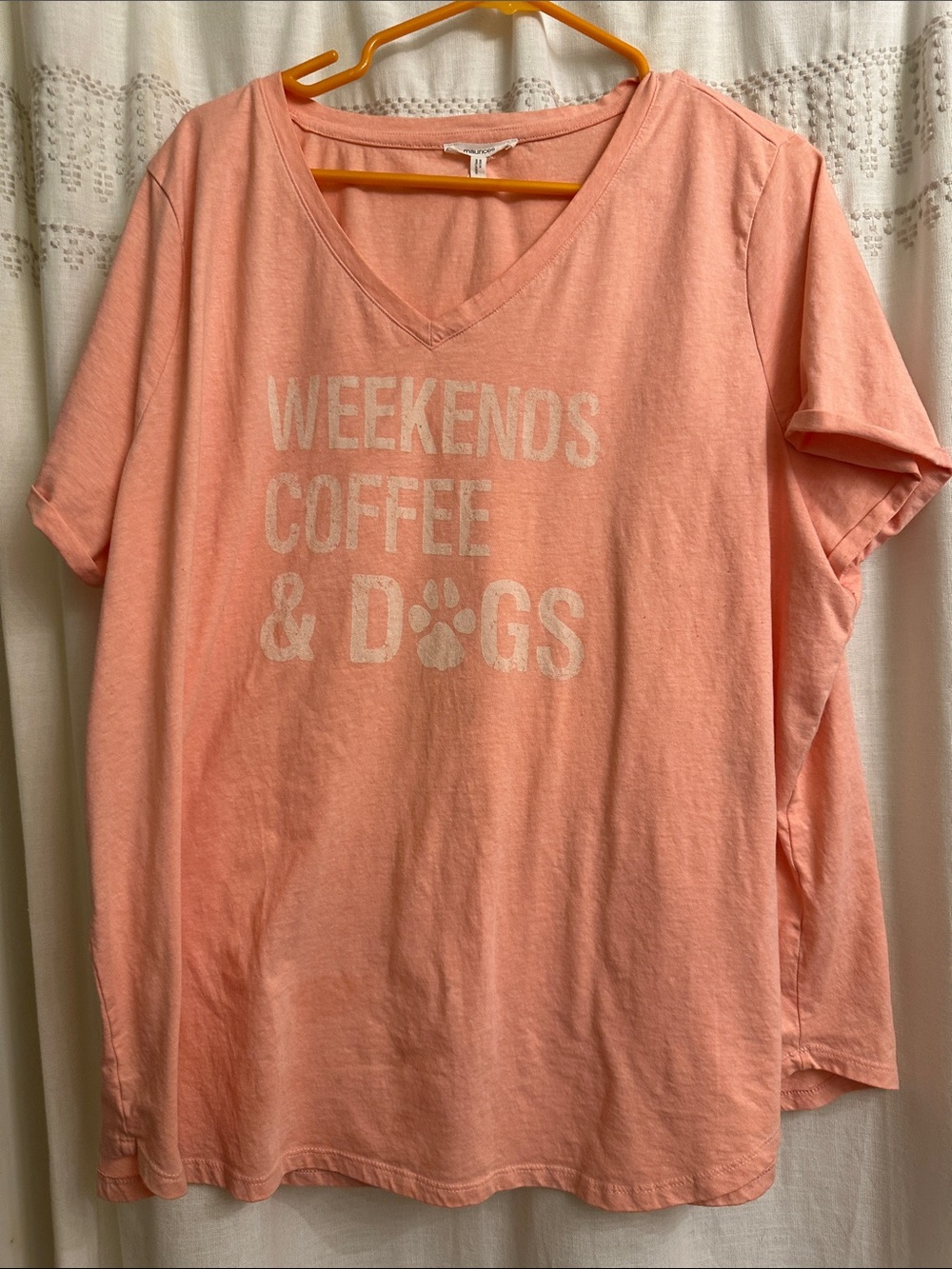 Maurices Peach/Pink V-Neck Tee with "WEEKENDS COFFEE & DOGS" Graphic